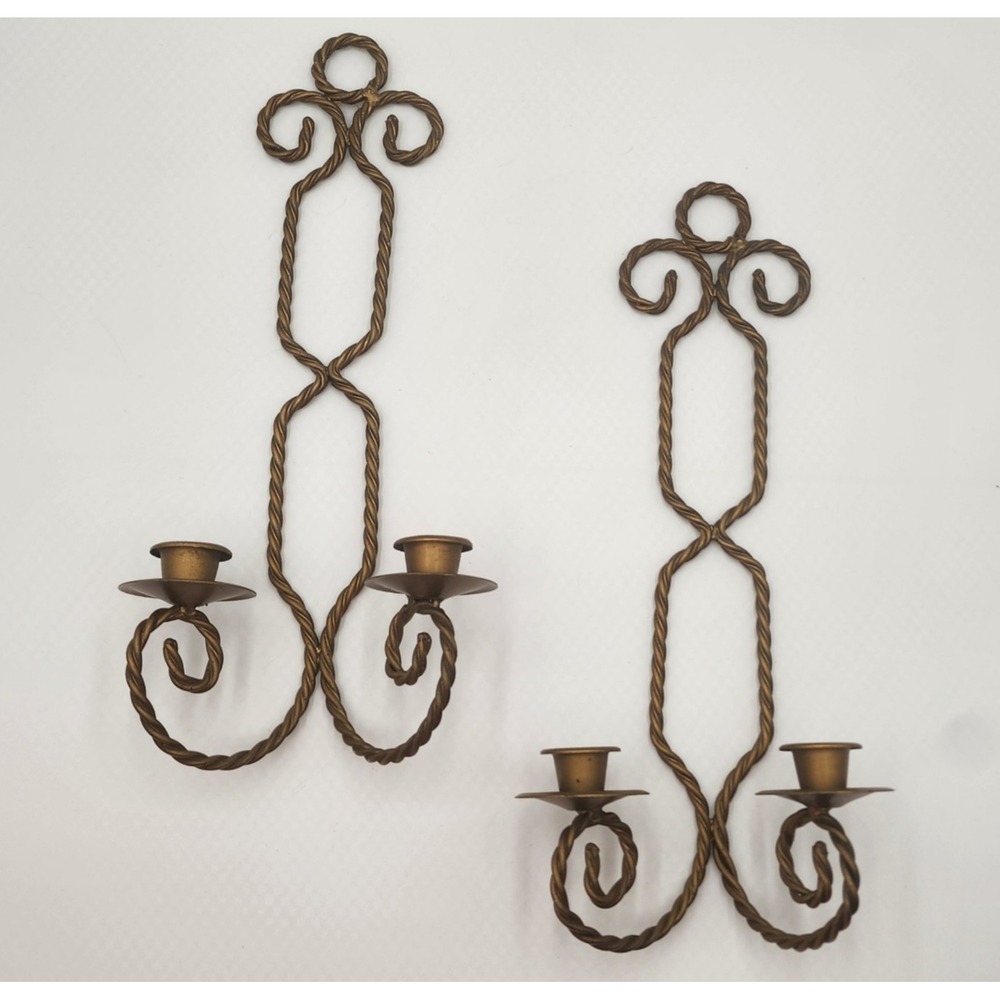 Vintage Gold Twisted Metal Hanging‎ Candle Wall Sconces Hollywood Regency MCM